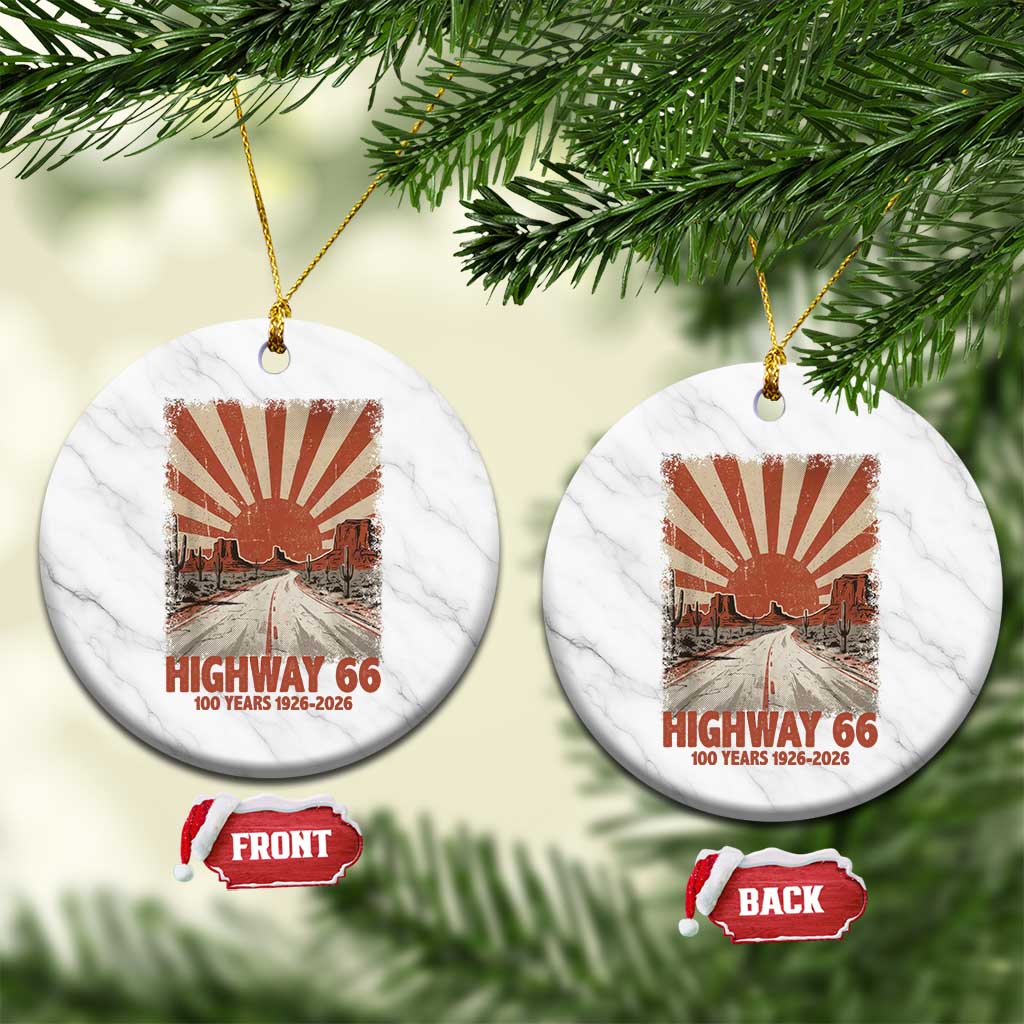 Highway 66 Main Street of America Sunset Horizon Ceramic Ornament Centennial 1926-2026 Retro Desert Sunburst Graphic TS02 1pc White Marble Print Your Wear