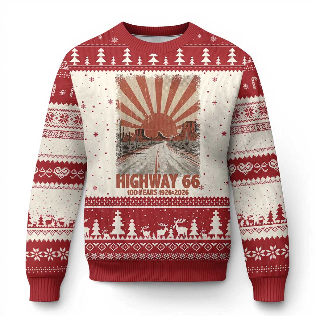 Highway 66 Main Street of America Sunset Horizon Ugly Christmas Sweater Centennial 1926-2026 Retro Desert Sunburst Graphic TS02 Beige Red Print Your Wear