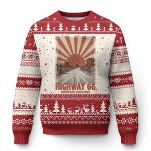 Highway 66 Main Street of America Sunset Horizon Ugly Christmas Sweater Centennial 1926-2026 Retro Desert Sunburst Graphic TS02 Beige Red Print Your Wear