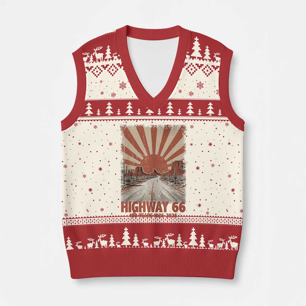 Highway 66 Main Street of America Sunset Horizon V-Neck Knit Sweater Vest Centennial 1926-2026 Retro Desert Sunburst Graphic TS02 Beige Red Print Your Wear