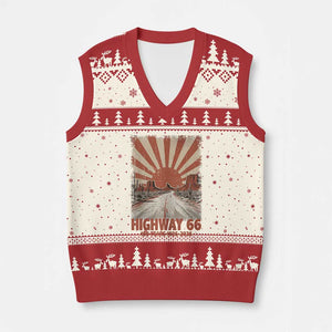 Highway 66 Main Street of America Sunset Horizon V-Neck Knit Sweater Vest Centennial 1926-2026 Retro Desert Sunburst Graphic TS02 Beige Red Print Your Wear