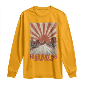 Highway 66 Main Street of America Sunset Horizon Long Sleeve Shirt Centennial 1926-2026 Retro Desert Sunburst Graphic TS02 Gold Print Your Wear