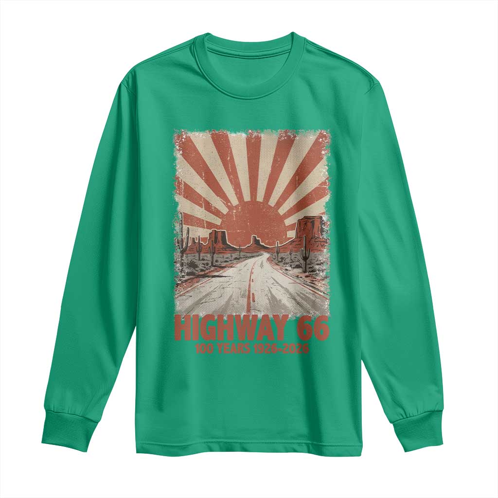 Highway 66 Main Street of America Sunset Horizon Long Sleeve Shirt Centennial 1926-2026 Retro Desert Sunburst Graphic TS02 Irish Green Print Your Wear