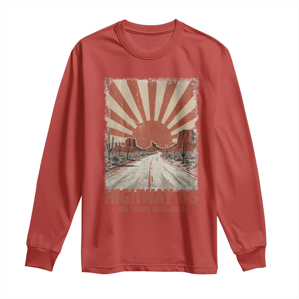Highway 66 Main Street of America Sunset Horizon Long Sleeve Shirt Centennial 1926-2026 Retro Desert Sunburst Graphic TS02 Red Print Your Wear