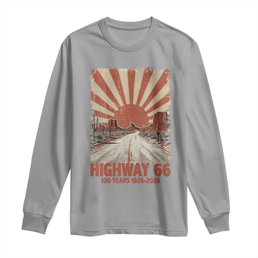 Highway 66 Main Street of America Sunset Horizon Long Sleeve Shirt Centennial 1926-2026 Retro Desert Sunburst Graphic TS02 Sport Gray Print Your Wear