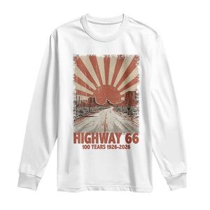 Highway 66 Main Street of America Sunset Horizon Long Sleeve Shirt Centennial 1926-2026 Retro Desert Sunburst Graphic TS02 White Print Your Wear
