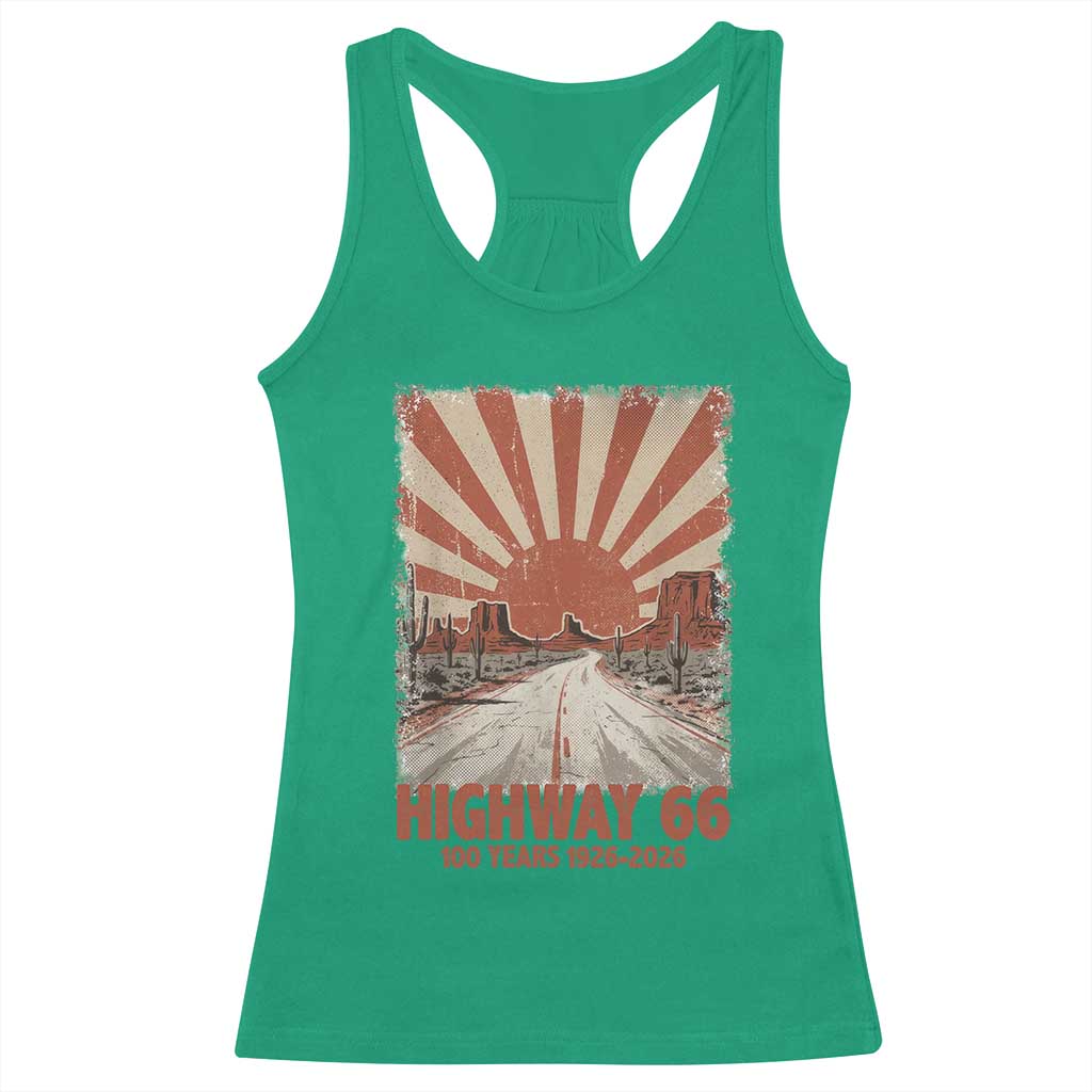 Highway 66 Main Street of America Sunset Horizon Racerback Tank Top Centennial 1926-2026 Retro Desert Sunburst Graphic TS02 Irish Green Print Your Wear