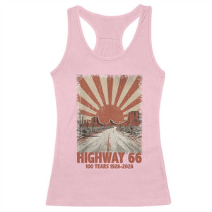Highway 66 Main Street of America Sunset Horizon Racerback Tank Top Centennial 1926-2026 Retro Desert Sunburst Graphic TS02 Light Pink Print Your Wear