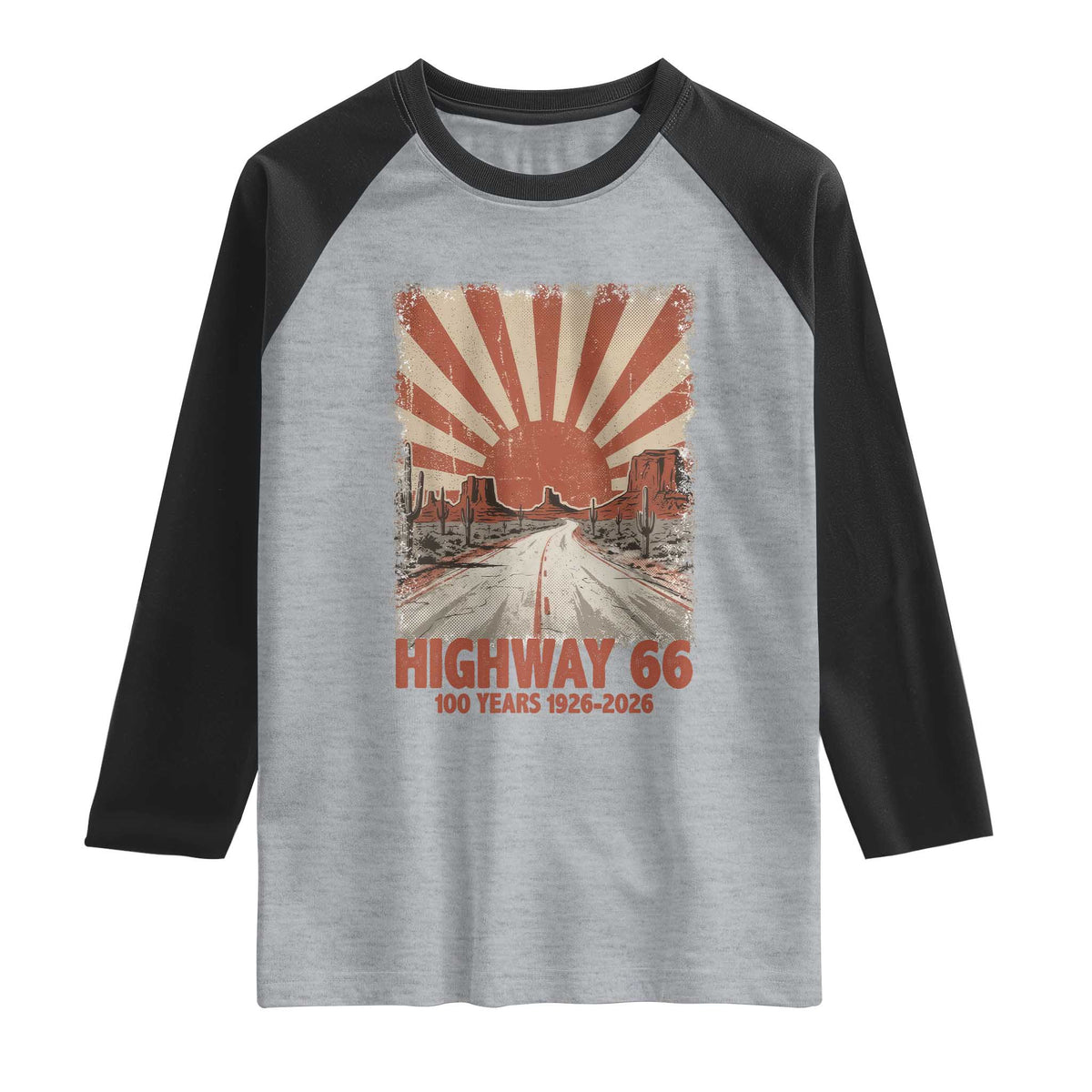 Highway 66 Main Street of America Sunset Horizon Raglan Shirt Centennial 1926-2026 Retro Desert Sunburst Graphic TS02 Heather Gray Black Print Your Wear