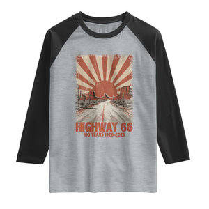 Highway 66 Main Street of America Sunset Horizon Raglan Shirt Centennial 1926-2026 Retro Desert Sunburst Graphic TS02 Heather Gray Black Print Your Wear