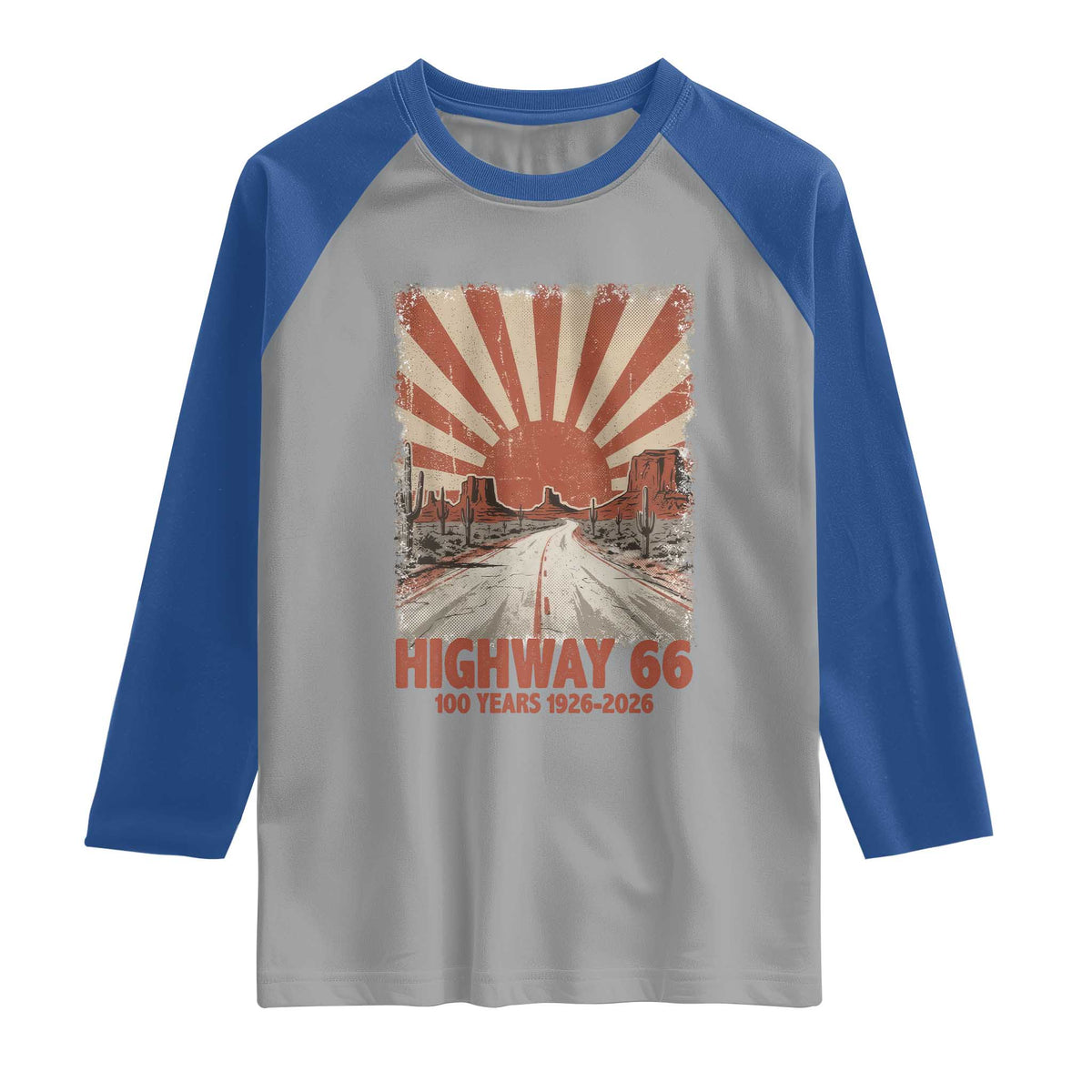 Highway 66 Main Street of America Sunset Horizon Raglan Shirt Centennial 1926-2026 Retro Desert Sunburst Graphic TS02 Sport Gray Royal Print Your Wear
