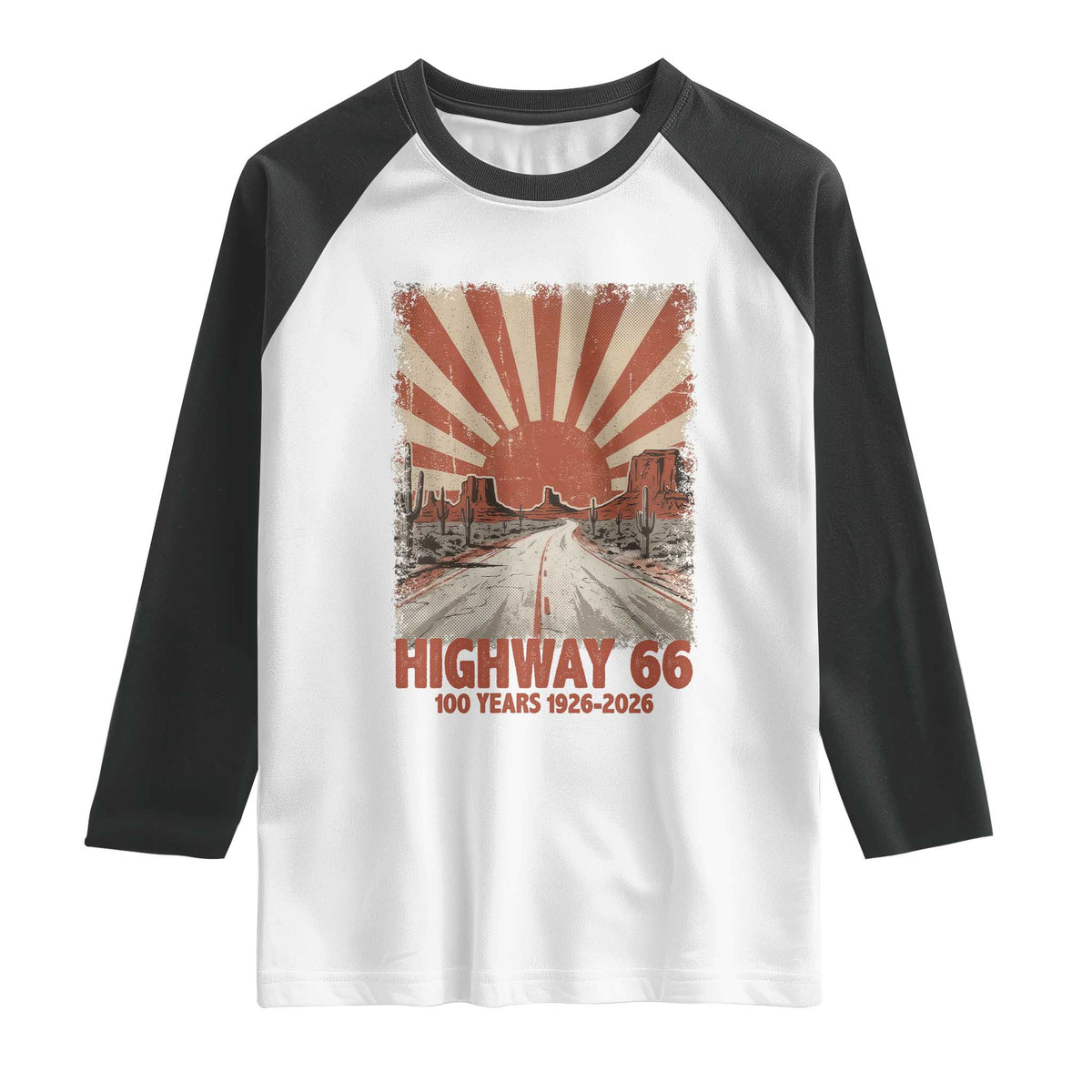 Highway 66 Main Street of America Sunset Horizon Raglan Shirt Centennial 1926-2026 Retro Desert Sunburst Graphic TS02 White Black Print Your Wear