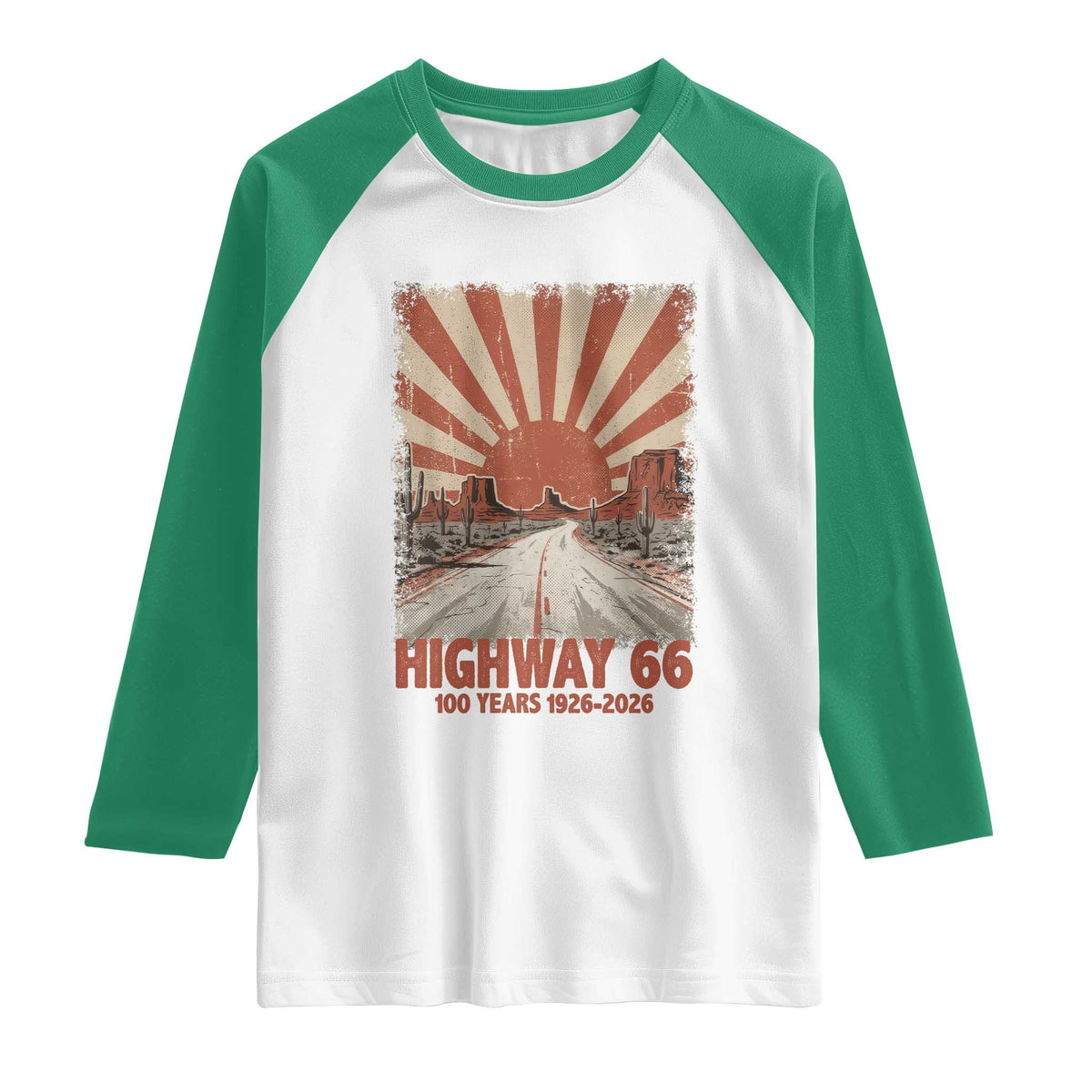 Highway 66 Main Street of America Sunset Horizon Raglan Shirt Centennial 1926-2026 Retro Desert Sunburst Graphic TS02 White Kelly Green Print Your Wear