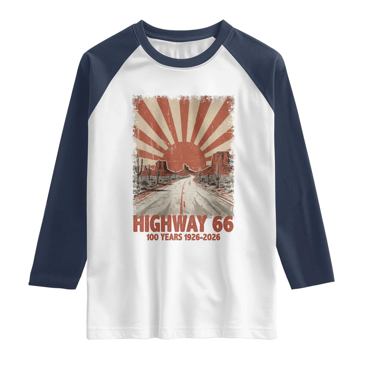 Highway 66 Main Street of America Sunset Horizon Raglan Shirt Centennial 1926-2026 Retro Desert Sunburst Graphic TS02 White Navy Print Your Wear