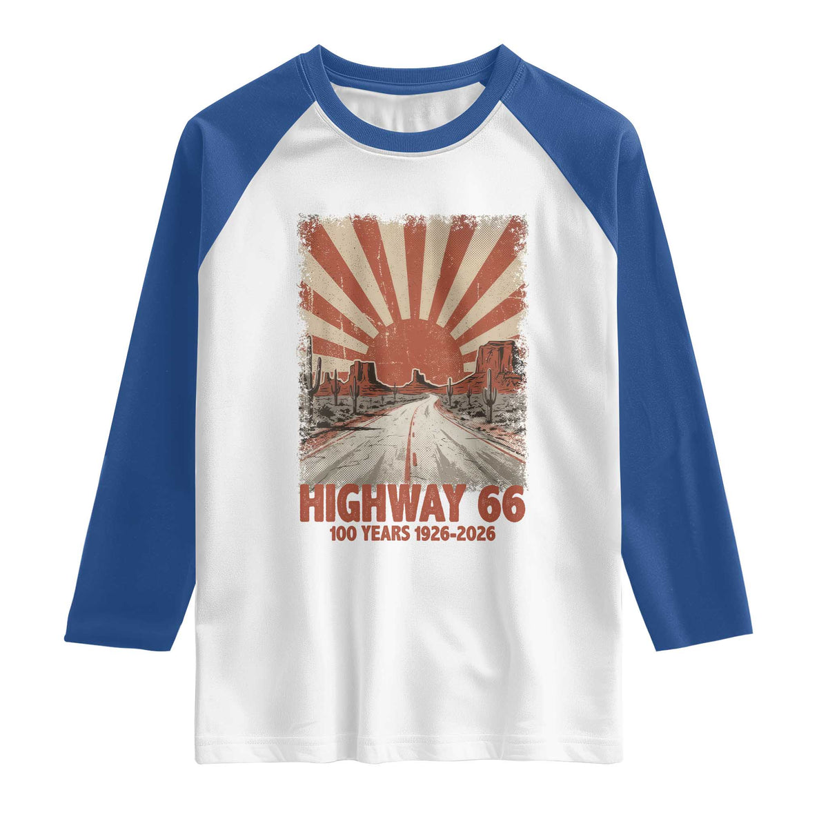 Highway 66 Main Street of America Sunset Horizon Raglan Shirt Centennial 1926-2026 Retro Desert Sunburst Graphic TS02 White Royal Print Your Wear