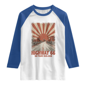 Highway 66 Main Street of America Sunset Horizon Raglan Shirt Centennial 1926-2026 Retro Desert Sunburst Graphic TS02 White Royal Print Your Wear