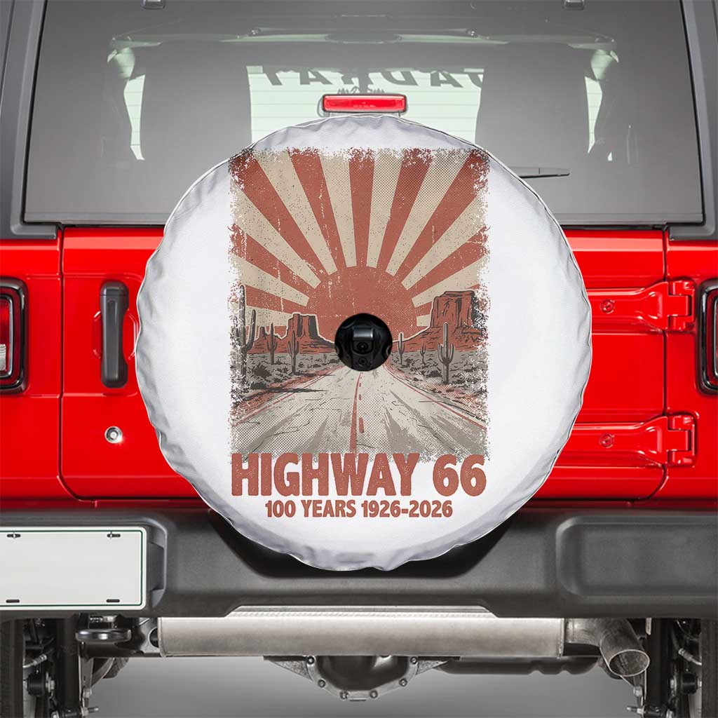 Highway 66 Main Street of America Sunset Horizon Spare Tire Cover Centennial 1926-2026 Retro Desert Sunburst Graphic TS02 White Print Your Wear