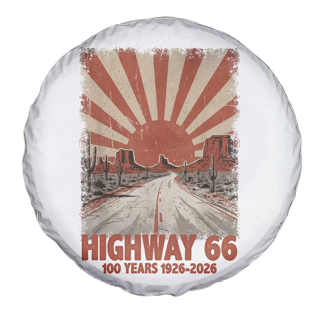 Highway 66 Main Street of America Sunset Horizon Spare Tire Cover Centennial 1926-2026 Retro Desert Sunburst Graphic TS02 Print Your Wear