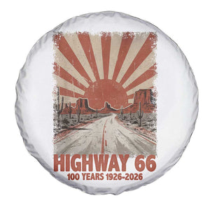 Highway 66 Main Street of America Sunset Horizon Spare Tire Cover Centennial 1926-2026 Retro Desert Sunburst Graphic TS02 Print Your Wear