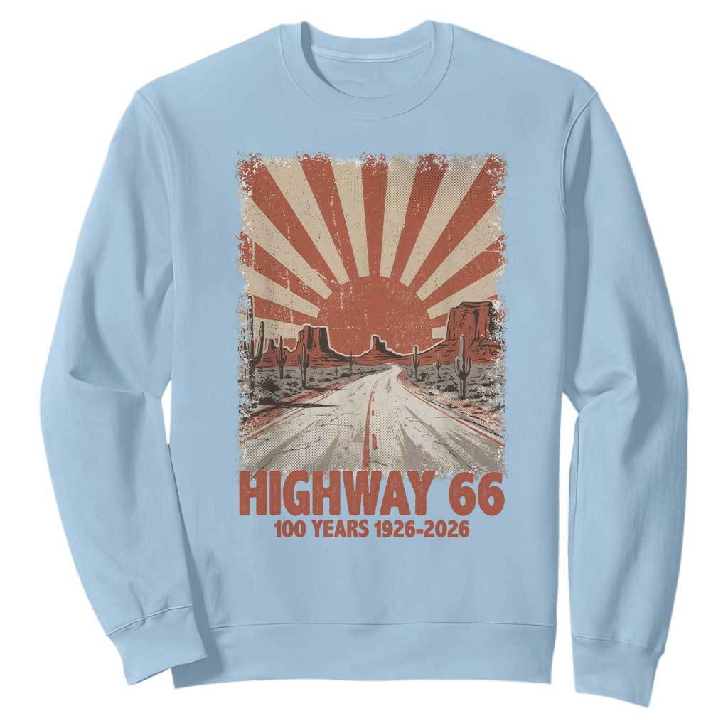 Highway 66 Main Street of America Sunset Horizon Sweatshirt Centennial 1926-2026 Retro Desert Sunburst Graphic TS02 Light Blue Print Your Wear