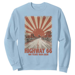 Highway 66 Main Street of America Sunset Horizon Sweatshirt Centennial 1926-2026 Retro Desert Sunburst Graphic TS02 Light Blue Print Your Wear