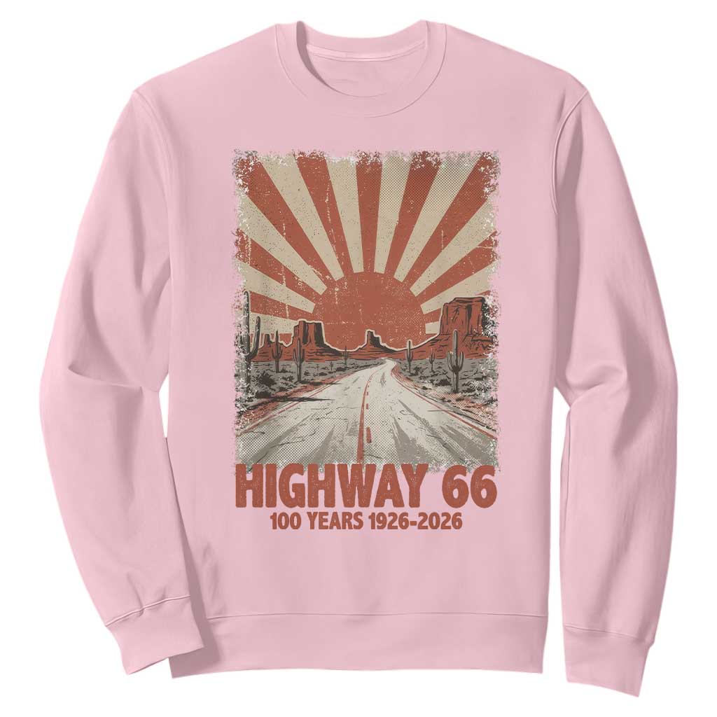Highway 66 Main Street of America Sunset Horizon Sweatshirt Centennial 1926-2026 Retro Desert Sunburst Graphic TS02 Light Pink Print Your Wear