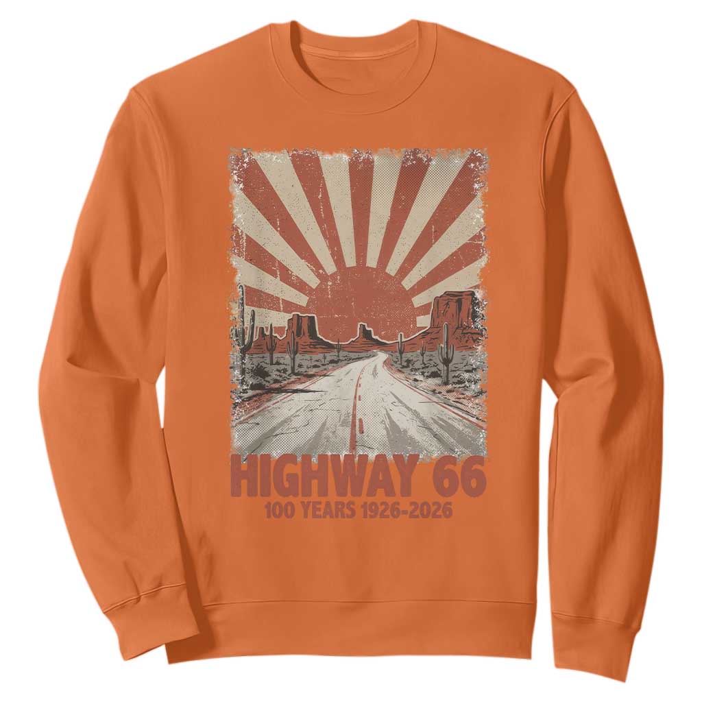 Highway 66 Main Street of America Sunset Horizon Sweatshirt Centennial 1926-2026 Retro Desert Sunburst Graphic TS02 Orange Print Your Wear