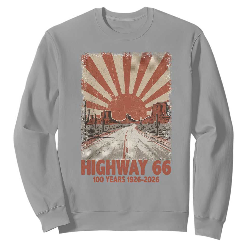 Highway 66 Main Street of America Sunset Horizon Sweatshirt Centennial 1926-2026 Retro Desert Sunburst Graphic TS02 Sport Gray Print Your Wear