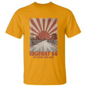 Highway 66 Main Street of America Sunset Horizon T Shirt Centennial 1926-2026 Retro Desert Sunburst Graphic TS02 Gold Print Your Wear