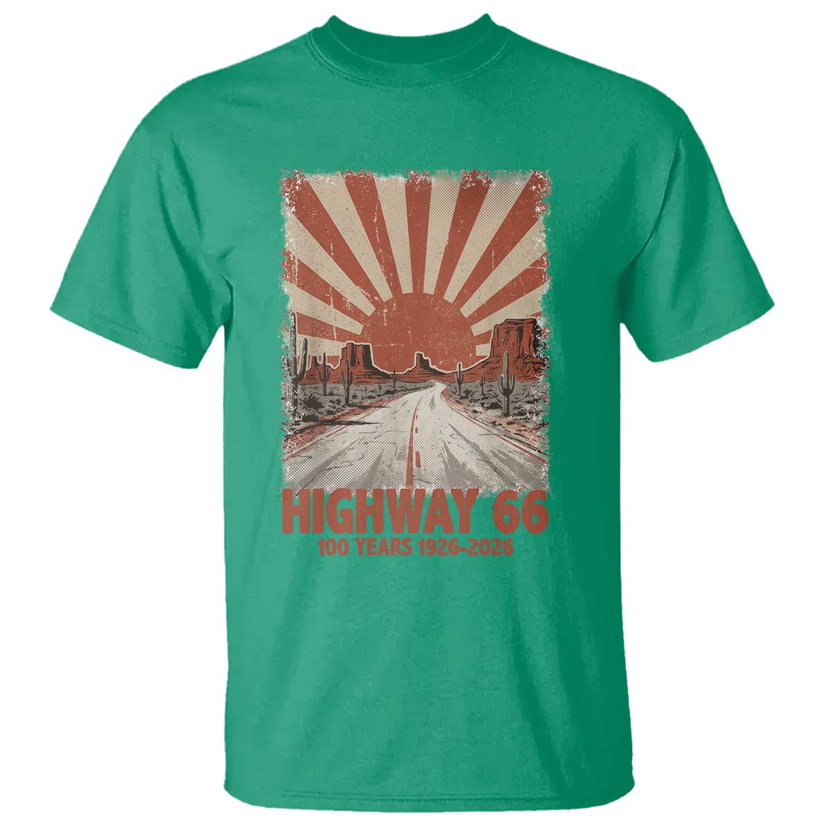 Highway 66 Main Street of America Sunset Horizon T Shirt Centennial 1926-2026 Retro Desert Sunburst Graphic TS02 Irish Green Print Your Wear