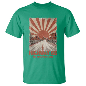 Highway 66 Main Street of America Sunset Horizon T Shirt Centennial 1926-2026 Retro Desert Sunburst Graphic TS02 Irish Green Print Your Wear