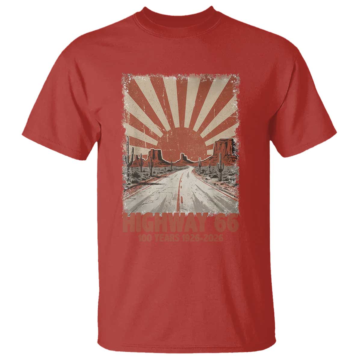 Highway 66 Main Street of America Sunset Horizon T Shirt Centennial 1926-2026 Retro Desert Sunburst Graphic TS02 Red Print Your Wear