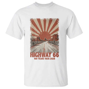 Highway 66 Main Street of America Sunset Horizon T Shirt Centennial 1926-2026 Retro Desert Sunburst Graphic TS02 White Print Your Wear