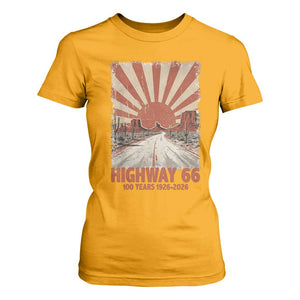 Highway 66 Main Street of America Sunset Horizon T Shirt For Women Centennial 1926-2026 Retro Desert Sunburst Graphic TS02 Gold Print Your Wear