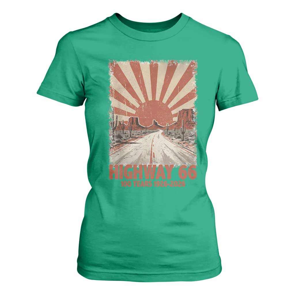 Highway 66 Main Street of America Sunset Horizon T Shirt For Women Centennial 1926-2026 Retro Desert Sunburst Graphic TS02 Irish Green Print Your Wear