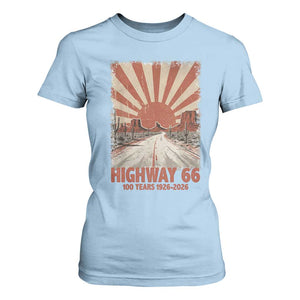 Highway 66 Main Street of America Sunset Horizon T Shirt For Women Centennial 1926-2026 Retro Desert Sunburst Graphic TS02 Light Blue Print Your Wear