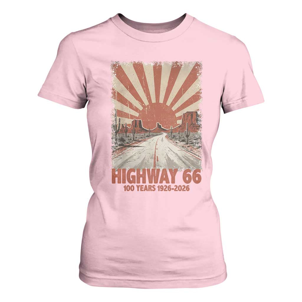 Highway 66 Main Street of America Sunset Horizon T Shirt For Women Centennial 1926-2026 Retro Desert Sunburst Graphic TS02 Light Pink Print Your Wear