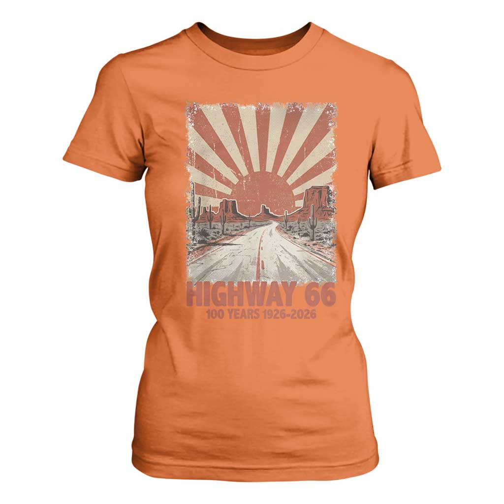 Highway 66 Main Street of America Sunset Horizon T Shirt For Women Centennial 1926-2026 Retro Desert Sunburst Graphic TS02 Orange Print Your Wear