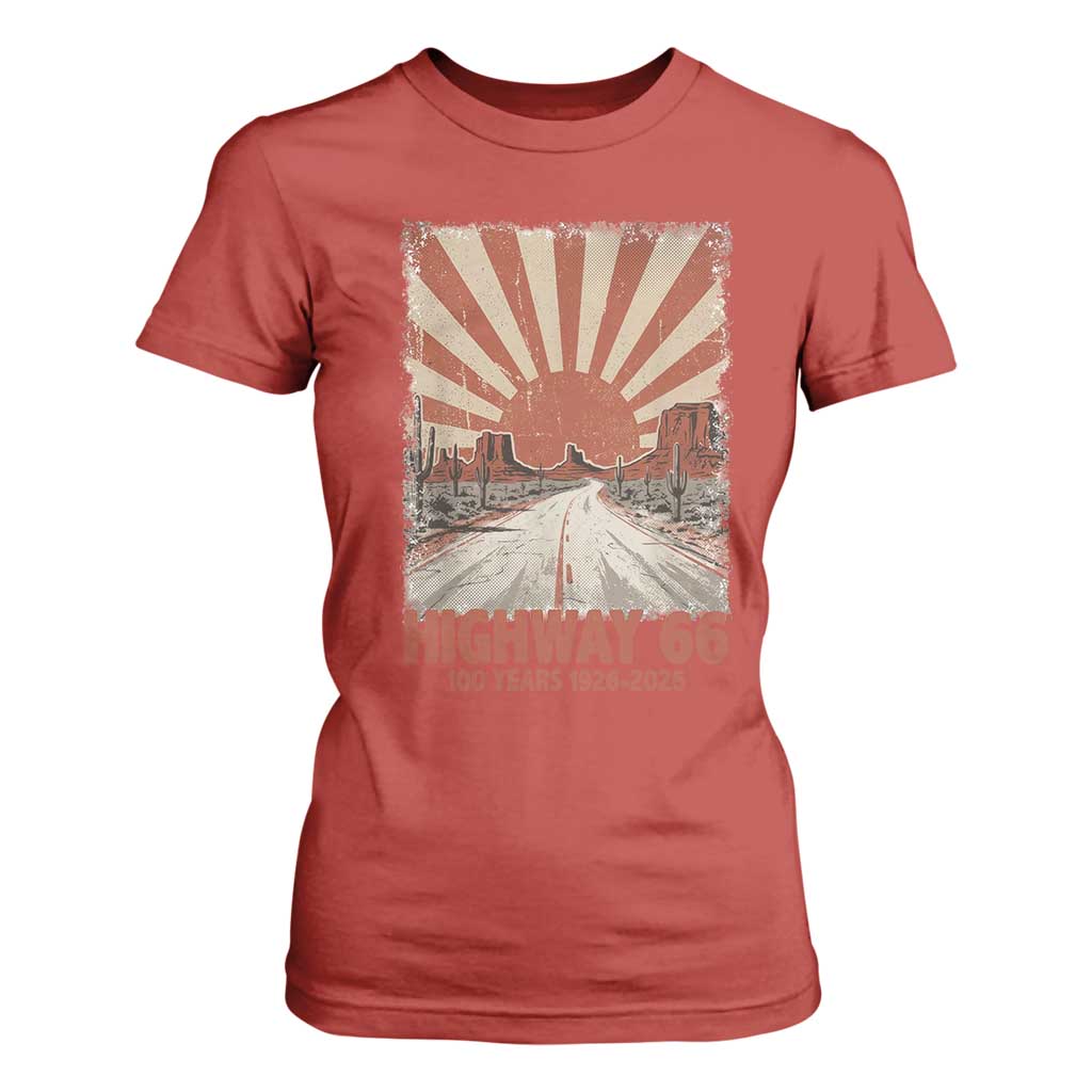 Highway 66 Main Street of America Sunset Horizon T Shirt For Women Centennial 1926-2026 Retro Desert Sunburst Graphic TS02 Red Print Your Wear