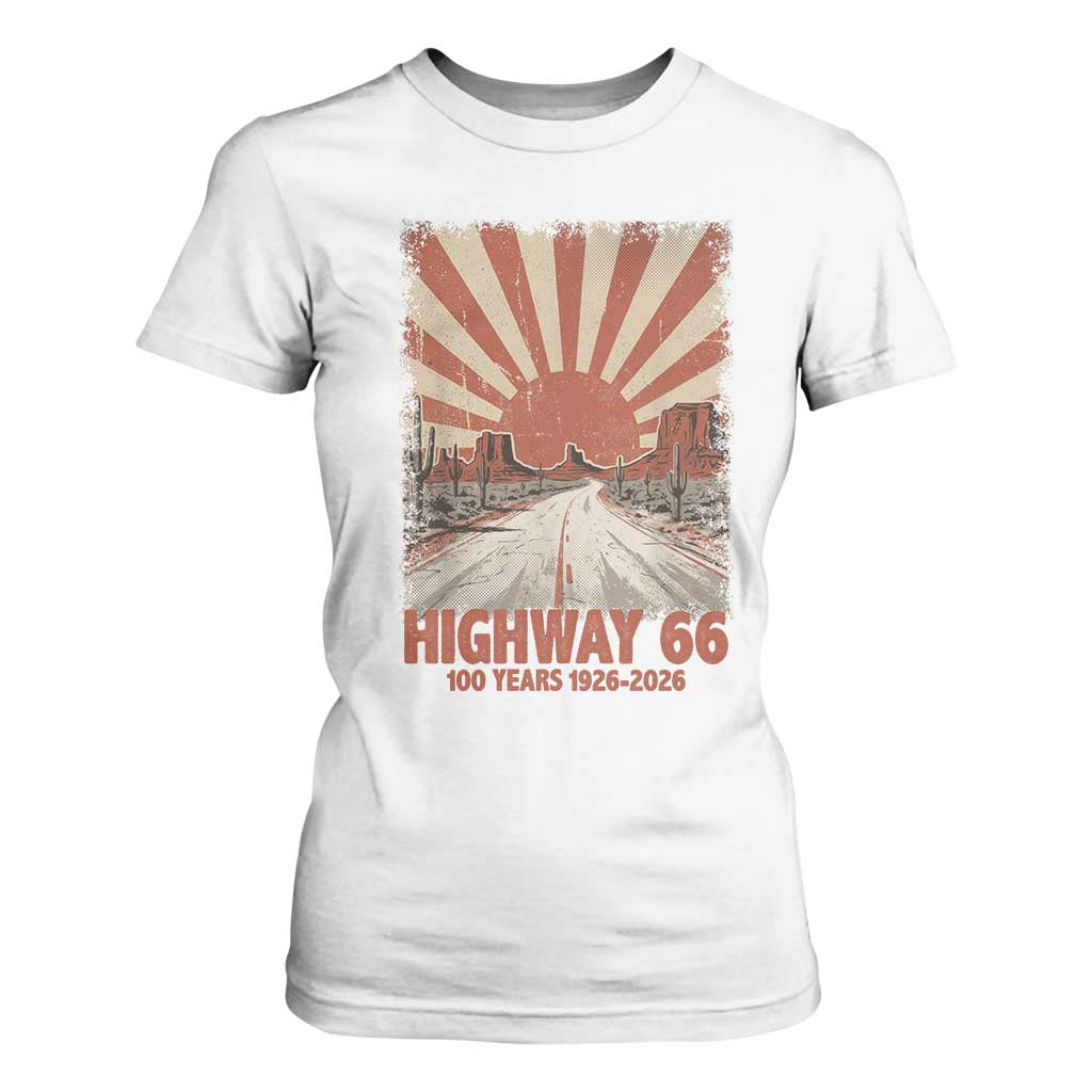 Highway 66 Main Street of America Sunset Horizon T Shirt For Women Centennial 1926-2026 Retro Desert Sunburst Graphic TS02 White Print Your Wear