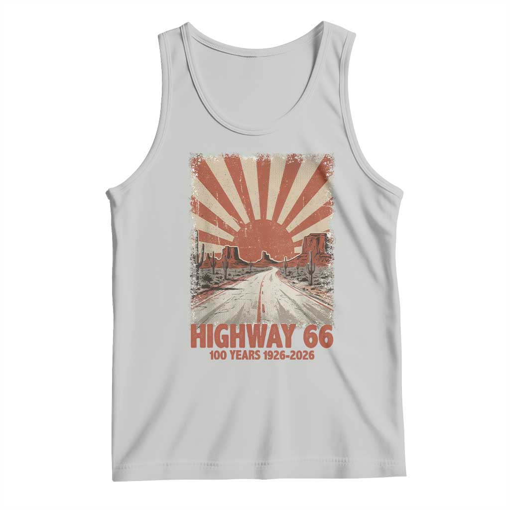 Highway 66 Main Street of America Sunset Horizon Tank Top Centennial 1926-2026 Retro Desert Sunburst Graphic TS02 Ash Print Your Wear