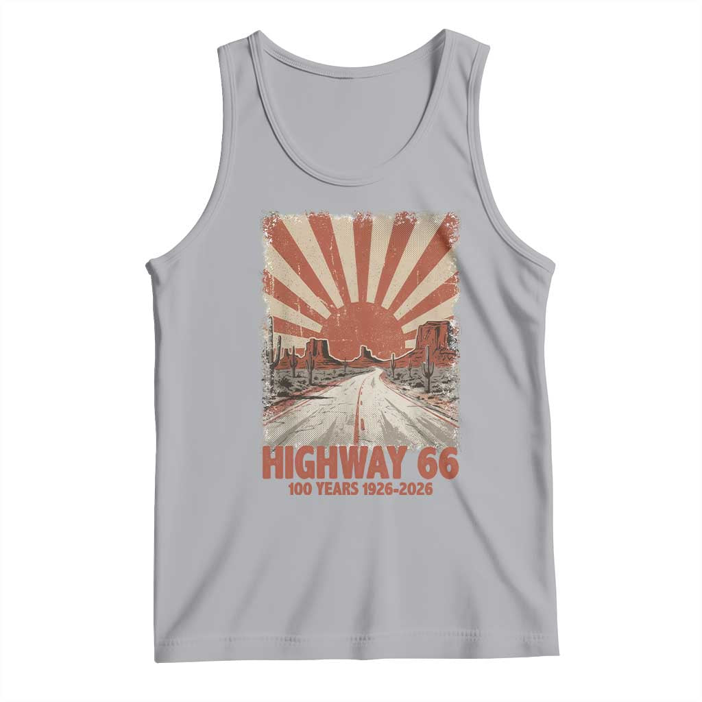 Highway 66 Main Street of America Sunset Horizon Tank Top Centennial 1926-2026 Retro Desert Sunburst Graphic TS02 Athletic Heather Print Your Wear