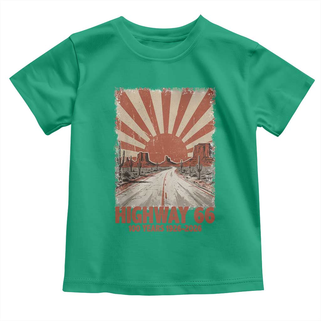 Highway 66 Main Street of America Sunset Horizon Toddler T Shirt Centennial 1926-2026 Retro Desert Sunburst Graphic TS02 Irish Green Print Your Wear