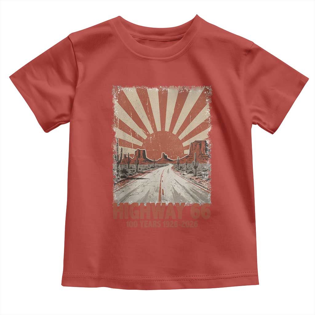 Highway 66 Main Street of America Sunset Horizon Toddler T Shirt Centennial 1926-2026 Retro Desert Sunburst Graphic TS02 Red Print Your Wear