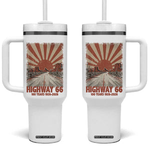 Highway 66 Main Street of America Sunset Horizon Tumbler With Handle Centennial 1926-2026 Retro Desert Sunburst Graphic TS02 One Size: 40 oz White Print Your Wear