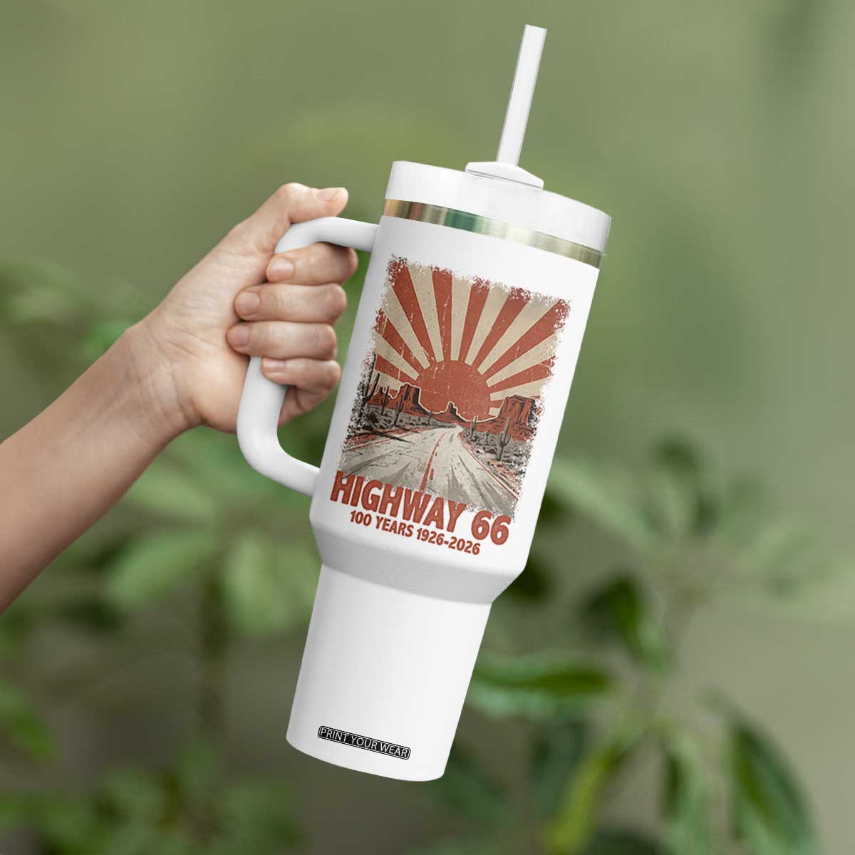 Highway 66 Main Street of America Sunset Horizon Tumbler With Handle Centennial 1926-2026 Retro Desert Sunburst Graphic TS02 Print Your Wear