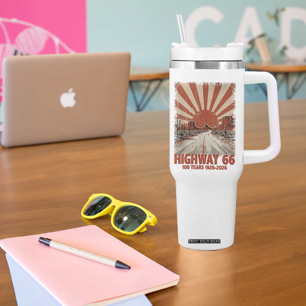 Highway 66 Main Street of America Sunset Horizon Tumbler With Handle Centennial 1926-2026 Retro Desert Sunburst Graphic TS02 Print Your Wear