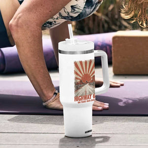 Highway 66 Main Street of America Sunset Horizon Tumbler With Handle Centennial 1926-2026 Retro Desert Sunburst Graphic TS02 Print Your Wear