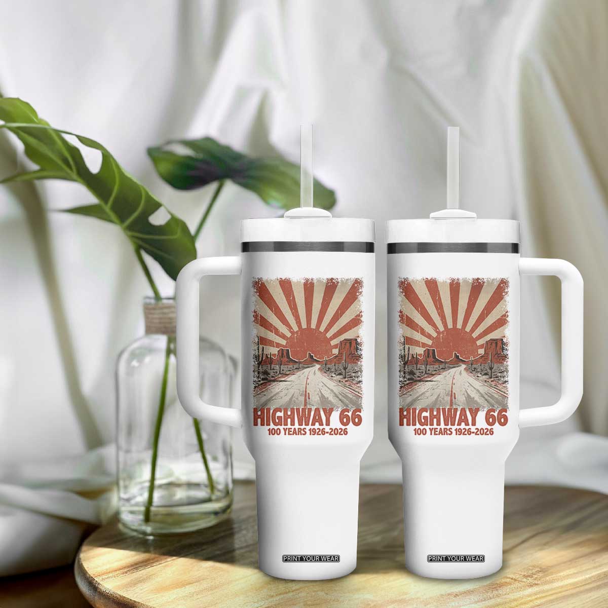 Highway 66 Main Street of America Sunset Horizon Tumbler With Handle Centennial 1926-2026 Retro Desert Sunburst Graphic TS02 Print Your Wear