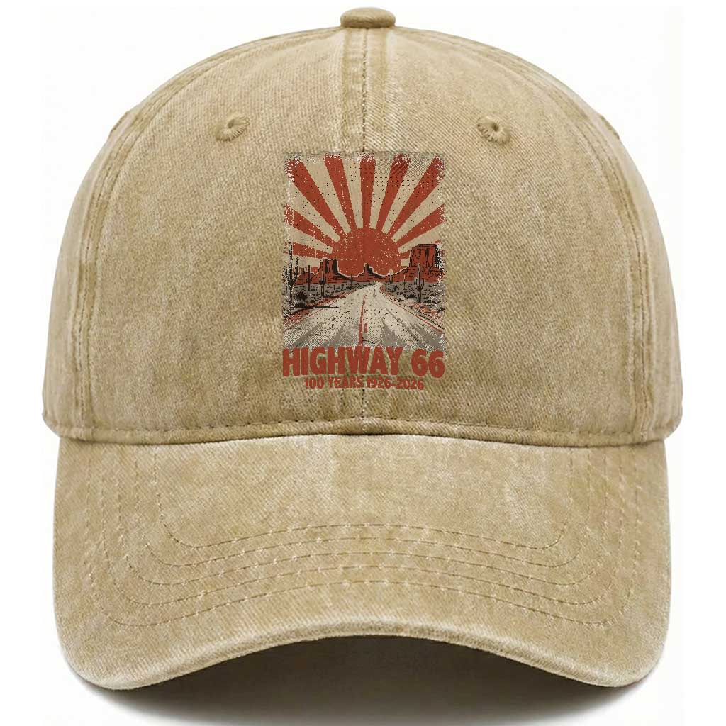 Highway 66 Main Street of America Sunset Horizon Washed Cotton Baseball Cap Centennial 1926-2026 Retro Desert Sunburst Graphic TS02 Print Your Wear